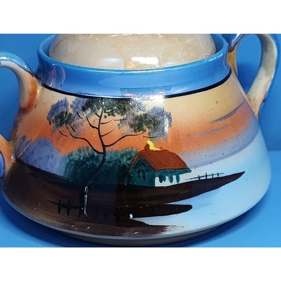 Vintage Lusterware Hand Painted Sugar Bowl Japan Water W/ Tree & Cabin See Pic - Picture 10 of 14